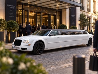 Hvid limousine foran hotel lobby til firmaevent