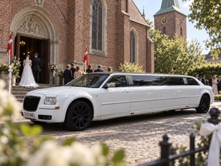 Hvid limousine foran kirke til bryllup