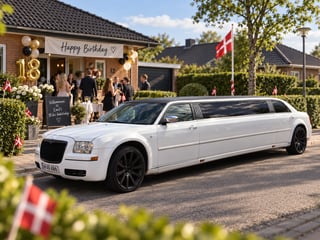 Hvid limousine i parcelhuskvarter i Storkøbenhavn