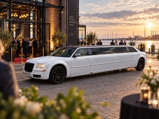 Limousine foran firmaevent i København med solnedgang i baggrunden