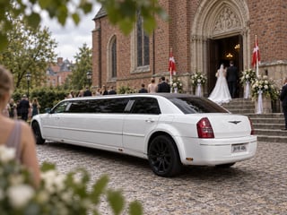 Limousine parkeret foran kirke ved bryllup