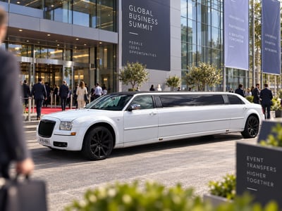 Hvid limousine foran indgang ved firmaevent