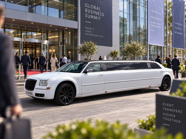 Hvid limousine foran indgang ved firmaevent